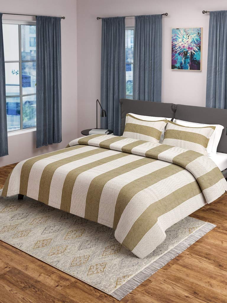 Saral Home Cotton Striped Queen Size Bedsheet with 2 Pillow Covers (Beige, 90"X100")