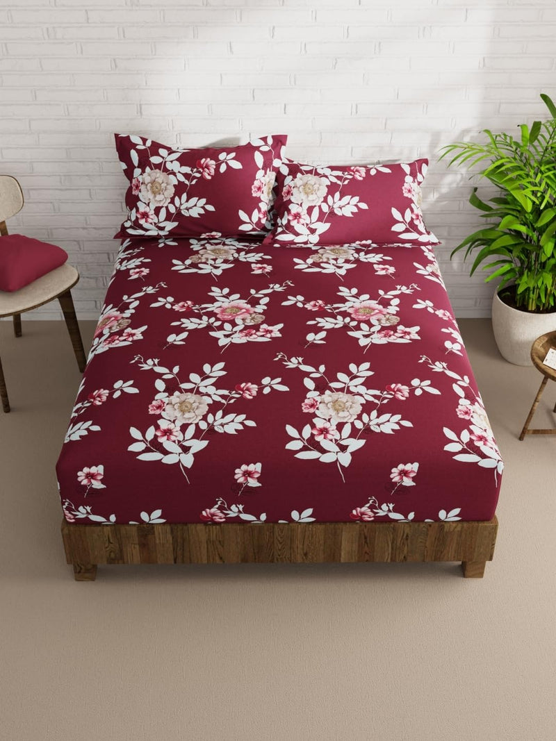 KOPA Extra Smooth Micro Double Bedsheet with 2 Pillow Covers -3pc Set (la-Vogue) | Extra Smooth Cotton Feel - Glace Cotton | 1 Bedsheet with 2 King Size Pillow Covers Floral-Wine