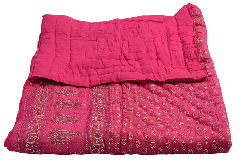 SVT Traditional Famous Jaipuri Beautiful Floral Print in Multi Pink dyegold Print Jaipuri Rajai/Razai/Quilt Double Size/ Double Bed Quilt/Comforter/AC Quilt/AC Comforter