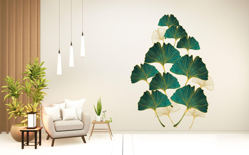 Merical Golden Green Leafs| Size 80 X 58Cms | Wall Stickers for Home, Hall, Bedroom, Kitchen and Living Room