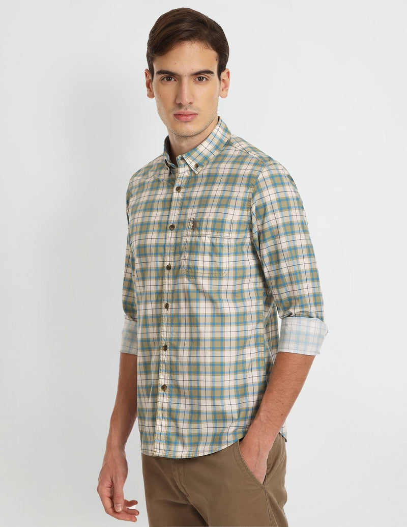 U.S. POLO ASSN. Mens Printed Checks FS Shirts (UDSHTFX0022_KHAKI_XXL)