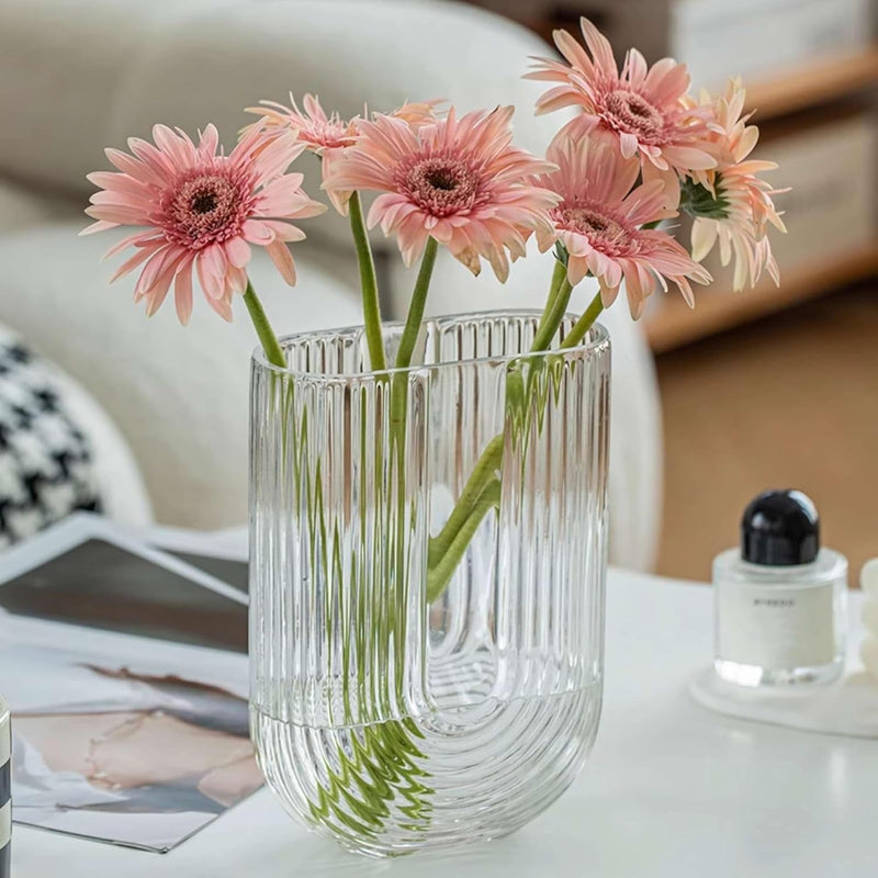 BELLU Clear Ribbed Glass Flower Vase, 7.3" H Modern Small Vase, Ellipse U Shaped Fluted Striped Decorative Vase, Fit for Home Living Room Table Decor (Open:5" x 2.6")