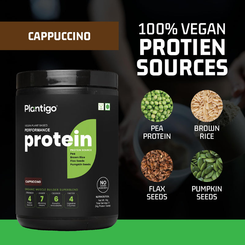 Plantigo Clean Plant Protein Powder | No Preservatives, No Banned Substances |Super Protein Blend- Pea, Brown Rice, Flax | Vegan Protein - Men, Women (Cappuccino - Original Bitter Coffee Taste - 1 Kg)