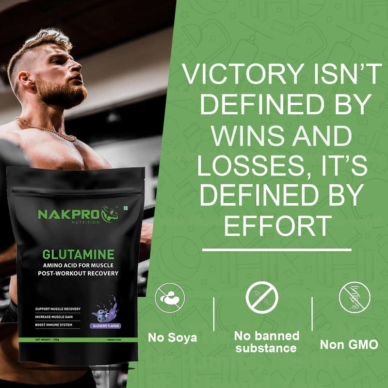 Nakpro L-Glutamine Powder | 4g Glutamine Per Serving, 50 Servings | Post Workout Amino Acid Supplement for Muscle Growth and Recovery (Blueberry, 250g)