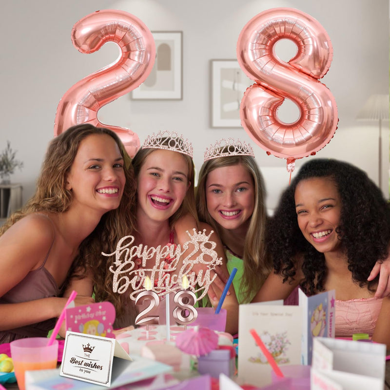 28th Birthday Decorations for Women with 28th Birthday Sash and Tiara, 28th Birthday Candles and Cake Topper, Numeral 28 Balloons, Rose Gold 28th Birthday Gifts for Women