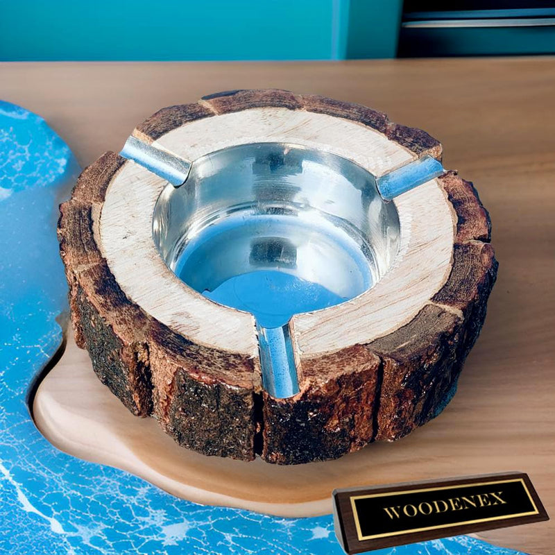 Woodenex Rustic Tree Bark Natural Wood Ashtray with Steel cup inside, Handcrafted Tree Trunk Decorative Ash tray, Dark Brown, Wooden Bark Natural Antique Ash catcher