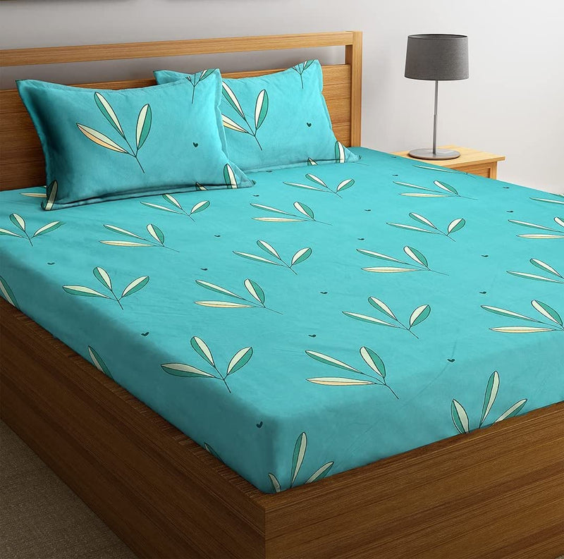 BSB HOME Glace Cotton Printed 180 TC Microfiber Double Bedsheet with 2 Pillow Covers (Aqua, Sky Blue, 90X90 Inches) - Prime Collections