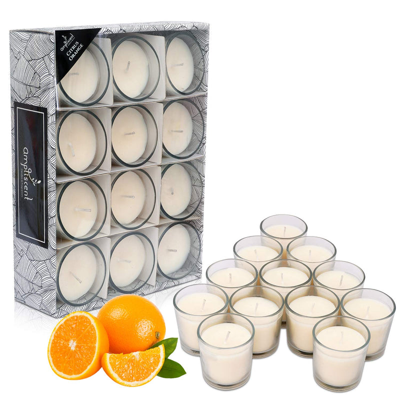 Ampliscent White Scented Glass Votive Candle - Set of 12 | Bulk Pack for Weddings, Bridal Showers or Home Parties and Centerpieces (Citrus Orange)