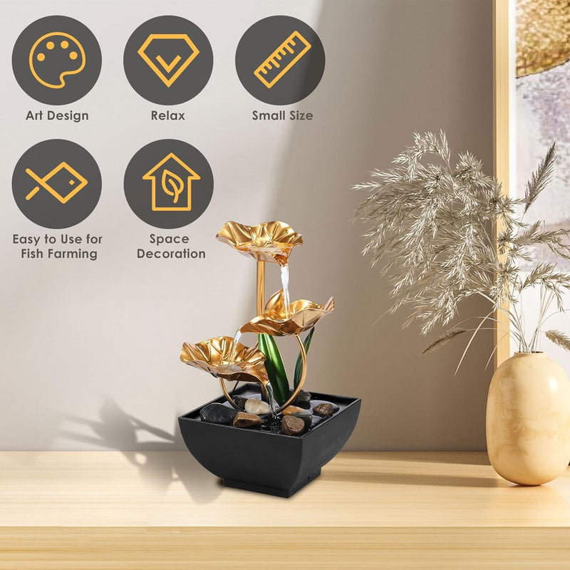 Chhogli Indoor Tabletop Fountain - 3-Tiers Lotus Leaf Small Waterfall Fountains, Resin Meditation Fountain, Zen Relaxation Fountain with Led Light and Pebbles, for Home Bedroom Office Decor