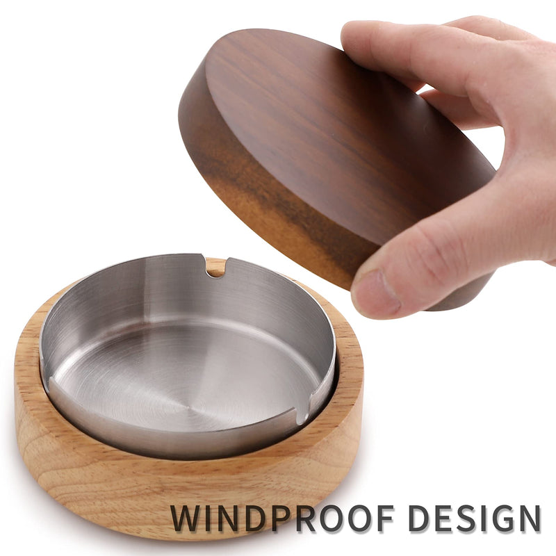 Wooden Ashtray with Lid for Smokers Stainless Steel Liner Ash Tray Windproof Durable Easy to Clean Cool Ashtrays for Indoor or Outdoor Use, Patio, Office & Home