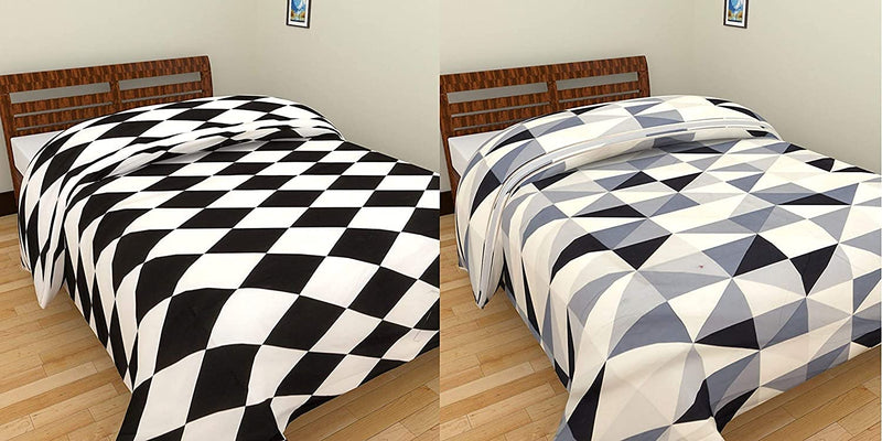 DEILYVERY Polycotton Flower Prints Reversible Single Bed AC Blanket/Dohar Combo Set of 2 (Blackwhite&Zigzack, Single)