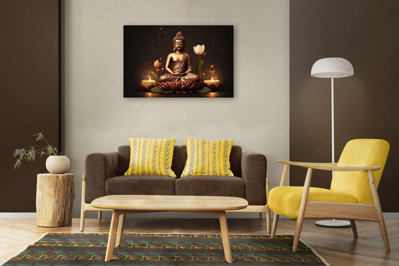 WALLMAX Wood Premium Lord Buddha Canvas Wall Art Painting For Home Living Room|Wall Decor Arts Set Of 1-(Large-32' Inch X 21' Inch), With Frame