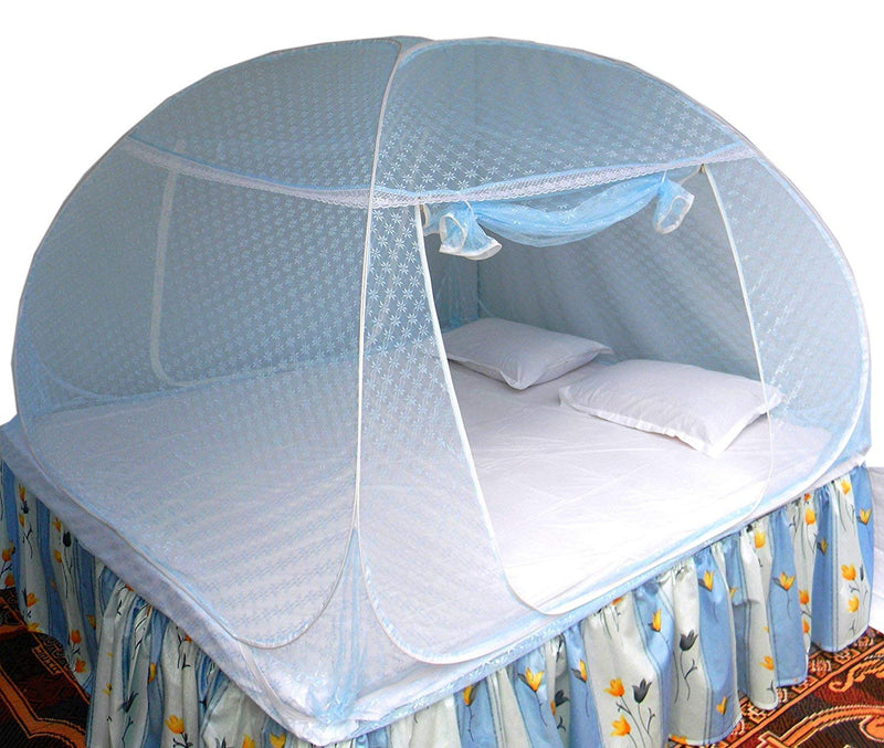 Healthy Sleeping Foldable Pop up Polyester Mosquito Net for Double Bed, Strong & Durable Mosquito Net, King, Queen Size Foldable Machardani (Embroidery Sky Blue 1)