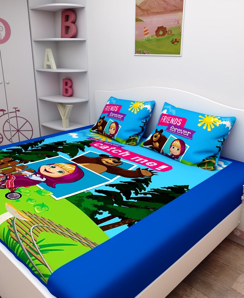 Athom Living Masha and The Bear Digital Printed Cotton Kids Double Bedsheet 270x270 cm with Set of 2 Pillow Cover