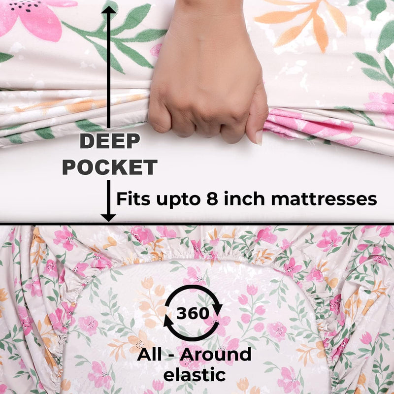 HOKIPO Brushed Microfiber 135 GSM Printed Fitted Bedsheets Queen Size with 2 Pillow Cover, Floral Beige (NEW-634-D12)