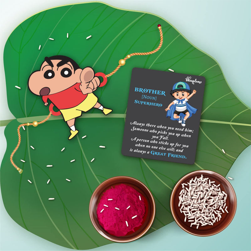 Bhai Please Shinchan Wooden Rakhi with Brother is Superhero Fridge Magnet (Gift Combo for Bhai/Bhaiya) | Set of 1 pc Rakhi with Roli- Chawal and Fridge Magnet | With Raksha Bandhan Greetings