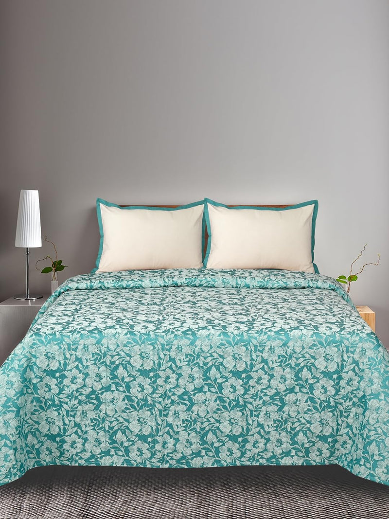 Saral Home Kanan Soft Cotton King/Queen Floral Breathable & Wrinkle-Free bedsheet for Double Bed. 1pc Queen Size bedsheet with 2 Pillow Covers [Teal 90"X100"]