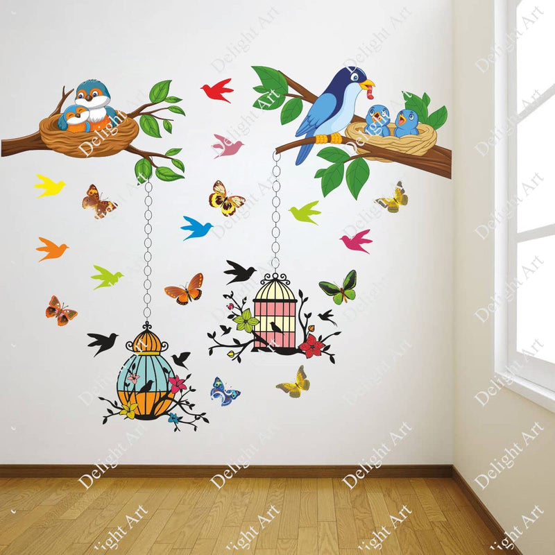 Delight Art Beautiful Butterfly-Birds-Tree-Hanging Cages Design Wall Sticker Size - (96 * 79) cm Model id - (DAMC01049L)