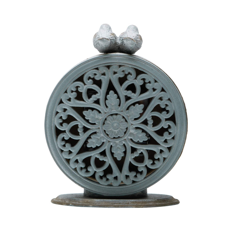 NIKKY HOME Shabby Chic Pewter Round Quartz Table Clock with 2 Birds, 4.75" x 2.5" x 6.12" Slate Grey