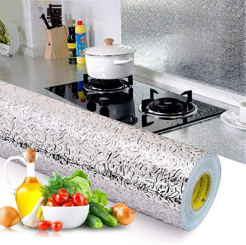 Kreya Kitchen Backsplash Aluminum Foil Sticker Oil and Waterproof Self Adhesive foil Paper for Home Improvement or Kitchen (Silver Curly 60x200)