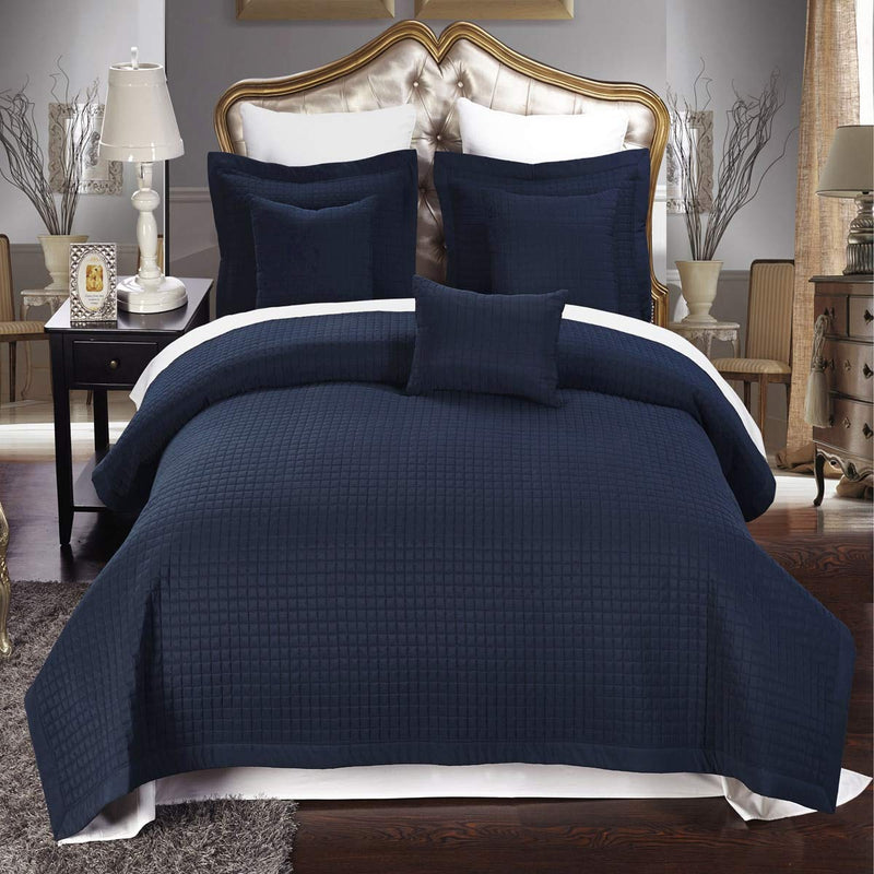 Luxury Checkered Quilted Wrinkle Free Microfiber Multi-Piece Coverlets Set (Navy, King/ California King)