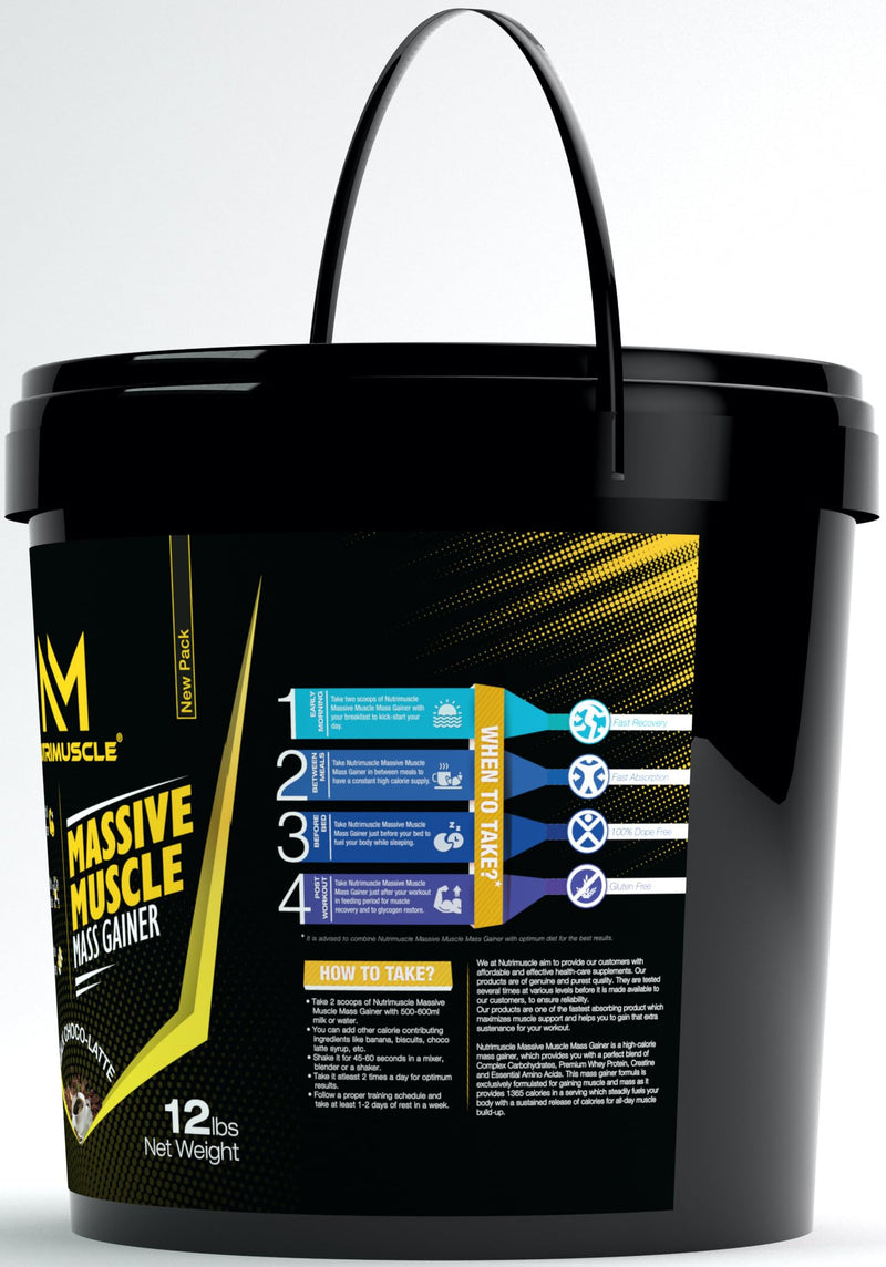 Nutrimuscle Massive Muscle Mass Gainer- 12 lbs - 5.44 kgs - Choco Latte Flavour (COFFEE) for Mass, Muscle, Power & Strength Gain - Contains Complex Carbohydrates, Whey Protein, BCAA , Digestive Enzymes & Essential Vitamins & Minerals - Also Contains Nutri