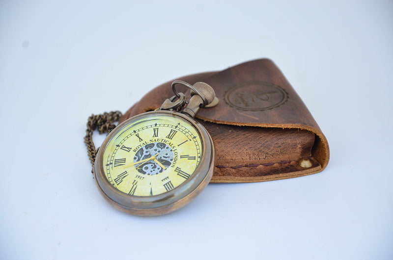 USEW Handmade Antique Brass Clock Roman Numerals Clock with Chain and A Brown Leather Bag