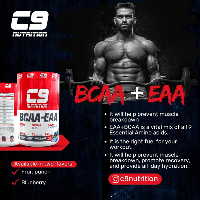 C9 Nutrition BCAA + EAA Powder | Sugar Free Powerful Intra Workout | Muscle Recovery Drink with 5000mg BCAA, 9000mg EAA, 500 mg L-Arginine | Amino Acid Supplements (30 Servings) (Blue Berry)