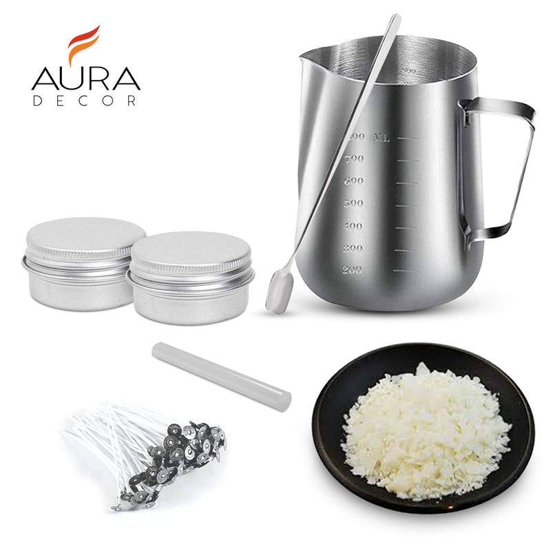 AuraDecor Candle Making Kit - 1 Wax Pouring Kettle (800ml), 1/2 Kg Soy Wax, 20 Wick (3 inch), 1 Glue Stick, 1 Stirring Spoon & 2 Containers, White