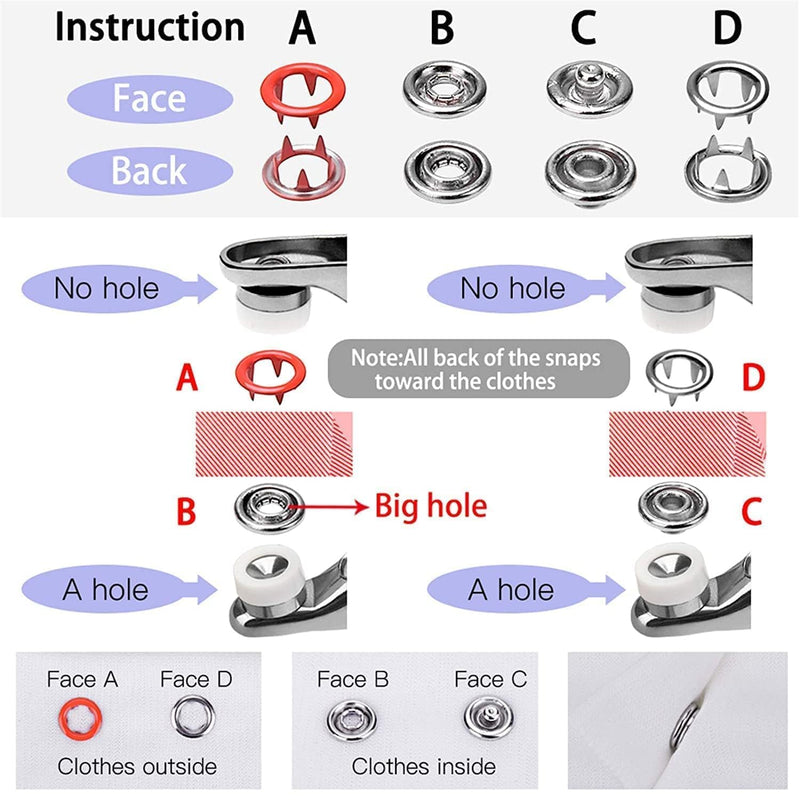 COFIEX Premium Snap Buttons Kit (100PCS Silver Button + 100PCS Color Ring) -Metal Thickened Fasteners Set with Hand Pliers -Easy 9.5mm Five-Claw Buckle Set for Children's Clothing Household Machine Press Tool Included