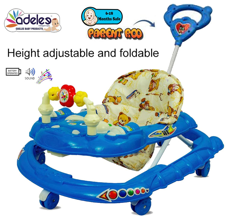 ODELEE Musical Activity Baby Walker 111 with Music & Parent Handel Rod & Adjustable Height for Kids (Blue)