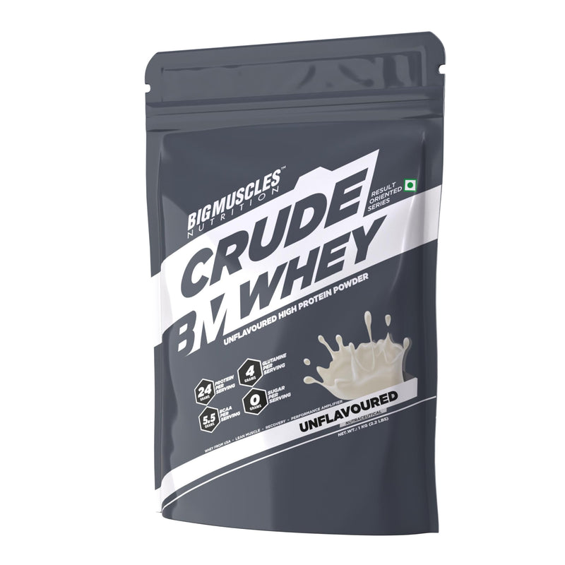 Bigmuscles Nutrition Crude Whey Unflavoured Protein Powder 1kg | US FDA REGD. BRAND | 24g Protein, 5.5g BCAA, 4 g Glutamine