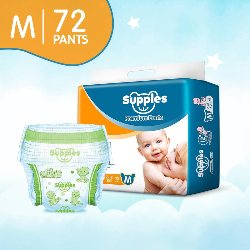 Supples Premium Diapers, Medium (M), 72 Count, 7-12 Kg, 12 hrs Absorption Baby Diaper Pants