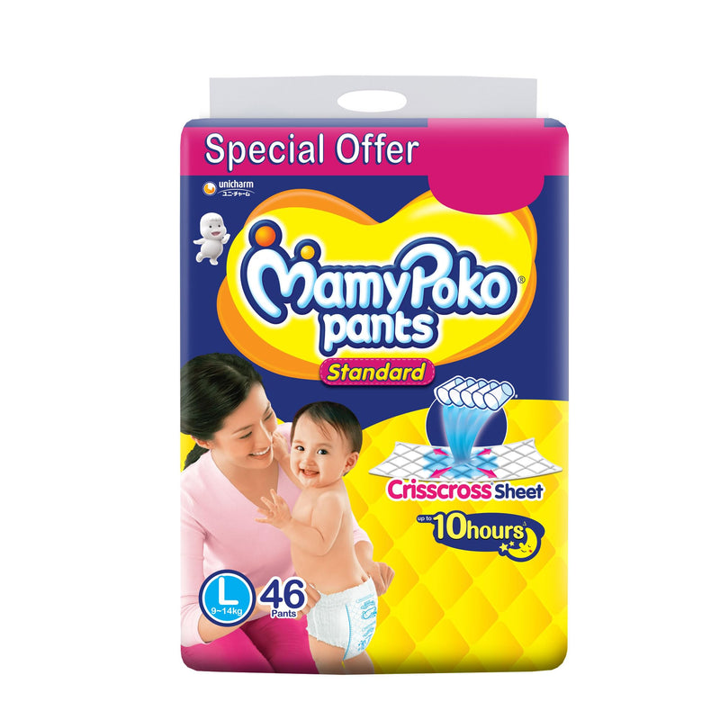 MamyPoko Pants Standard Baby Diapers, Large (L), 46 Count, 9-14kg