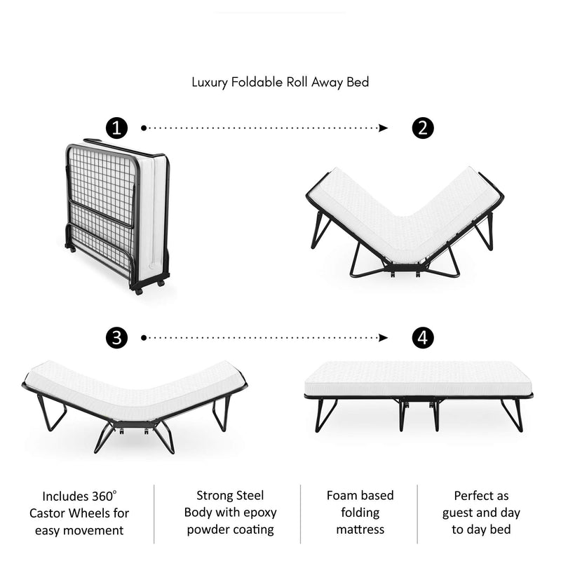 Coirfit Premium Rollaway Single Folding Steel Bed with 6 Inch Memory Foam Mattress with Caster Lockable Wheels