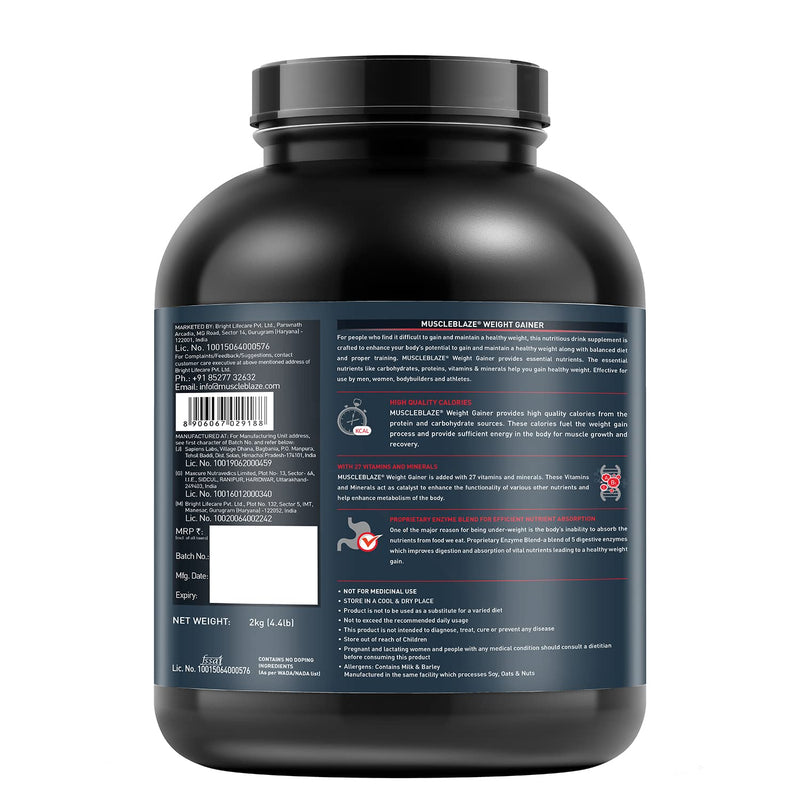 MuscleBlaze Weight Gainer Powder with Added Digezyme (Chocolate,Pack of 2 kg / 4.4 lb, 20 Servings)