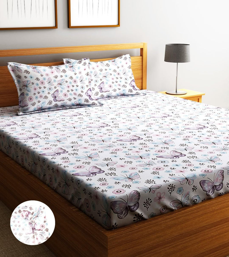 Home Sizzler 210TC Butterfly Whispers Elastic Fitted Double Bedsheet with 2 King Size Pillow Covers