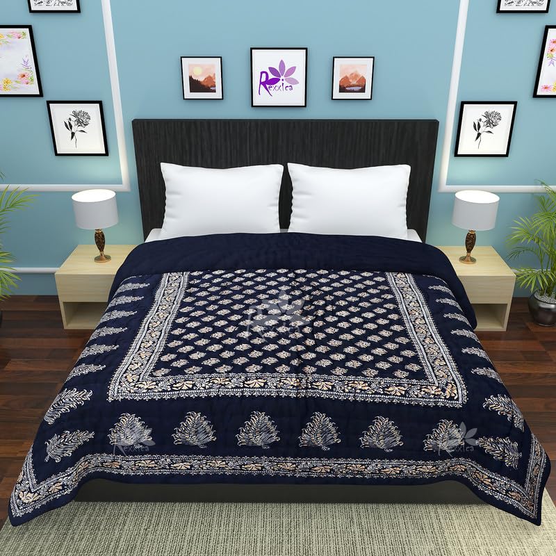 Rexxica Pure Cotton Jaipuri Razai Traditional Sanganeri Print Light Weight razai Duvets & Comforters Quilt/Blanket -(Single, Blue)