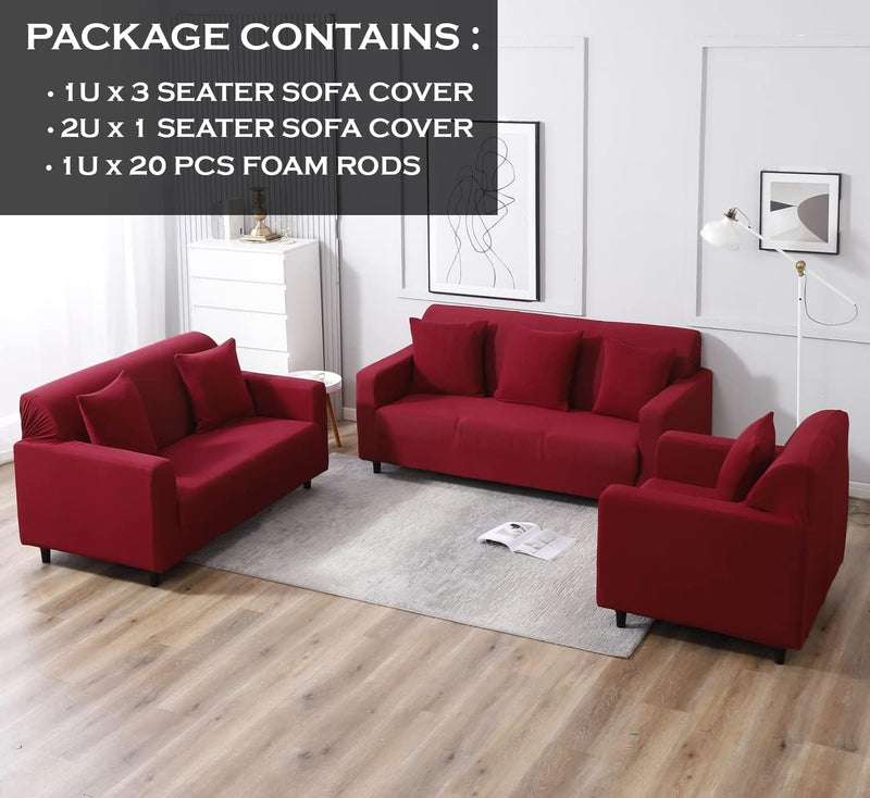 Gifts Island® Sofa Cover 3 Seater and 2 Seater Fully Covered Universal 5 Seater Sofa Cover Non-Slip Sticky Elastic Stretchable Couch Sofa Set Slipcover Protector for (3+1+1 Seater), Maroon Solid Plain