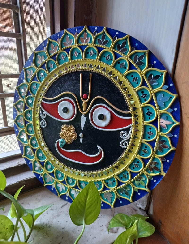 A Majestic Shreenathji Design on MDF Board with Mouldit Clay, Acrylic Paint, Mirrors – 12x12 Decorative Item