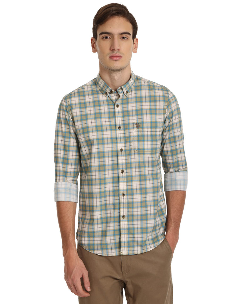 U.S. POLO ASSN. Mens Printed Checks FS Shirts (UDSHTFX0022_KHAKI_XXL)