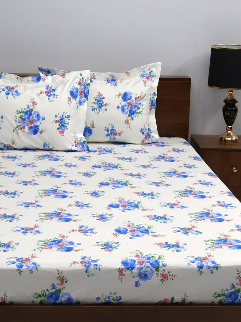 Bombay Dyeing King Size 180 TC 100% Cotton Bedsheet with 2 Pillow Cover- 525B Floral Collection - Size: 274cm x 274cm - 7504 Blue