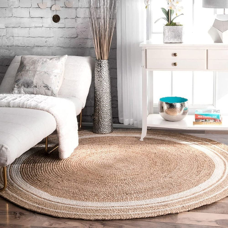 Habere India-All the Cultures Fabricating India Jute Carpet for Living Room, Jute Round Floor Mat, Rugs for Living Room, Jute Centre Table Carpet (Jute + White (Round), Round_3*3 FT)