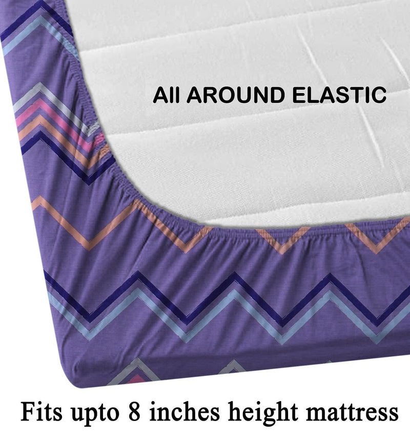 CRAFTS HUB Cotton Feel Glace Cotton All Around Elastic Fitted Printed King Size Double Bed Bedsheet with 2 Pillow Covers(72x78x8 Inch) Fits Upto Mattress of 8 Inches | Purple (1429FITTED)