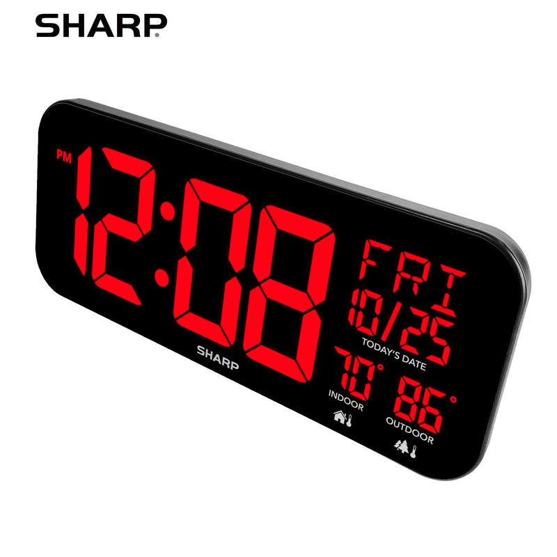 SHARP Large Oversized Screen LED Clock with Indoor and Outdoor Temperature with Outdoor Sensor, with Date and Day of Week ââ‚¬â€œ 14 inch Clock with 4 inch Digits