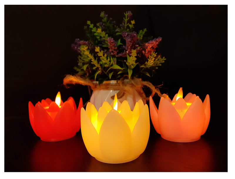 AFTERSTITCH Lotus Flower shape LED candles Lights diya for home decoration (Pack of 3) (Batteries Included) with flickering & blinking effects