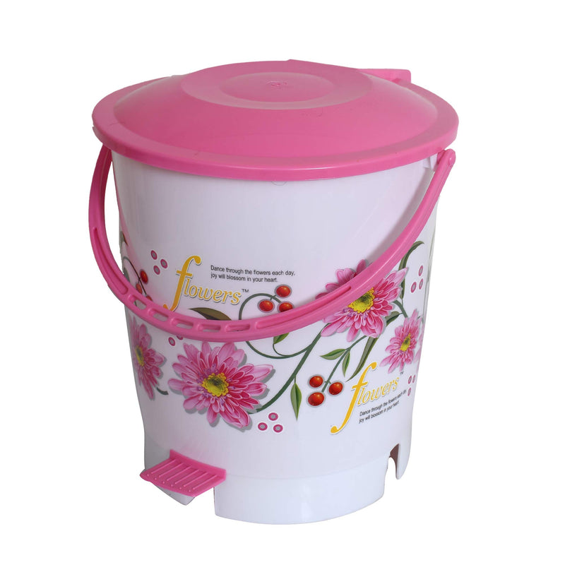 Kuber Industries Step On Pedal Dustbin/Bucket with Lid|Flower Print & Solid Plastic Material|Size 28 x 28 x 32 CM, Pack of 2, Capicity 10 Liters (Pink & Blue)-KUBMART10952