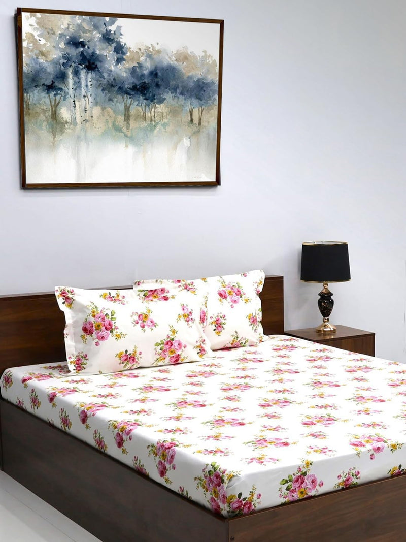 Bombay Dyeing King Size 180 TC 100% Cotton Bedsheet with 2 Pillow Cover- 525B Floral Collection - Size: 274cm x 274cm - 7504 Pink