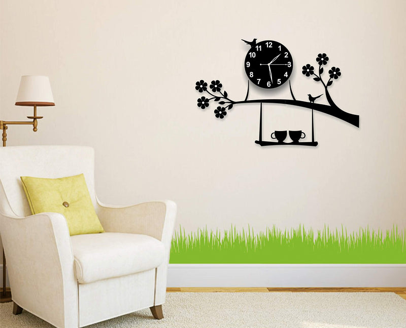 invision1 Plastic 3D Acrylic Tree Birds Coffee Cup On Jhula Design Wall Clock (Black, 69.9 x 41.9 x 1.3 cm) Analog
