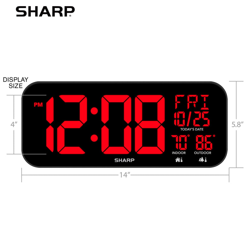 SHARP Large Oversized Screen LED Clock with Indoor and Outdoor Temperature with Outdoor Sensor, with Date and Day of Week ââ‚¬â€œ 14 inch Clock with 4 inch Digits